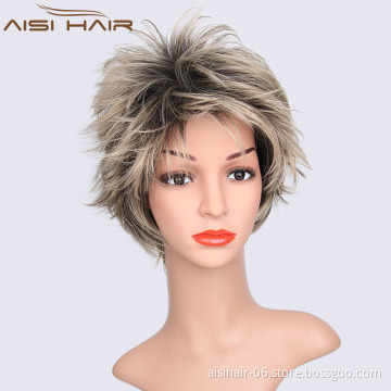 Natural Fluffy Style Wig Synthetic Ombre Grey Wigs For Women Good Quality Hair Heat Resistant Wig